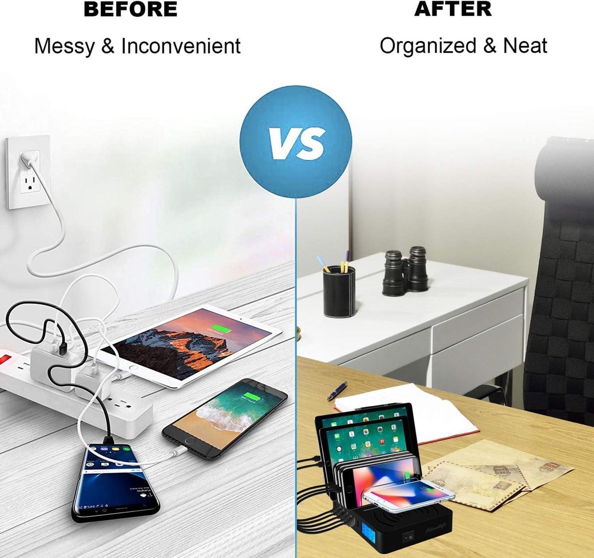 USB-oplaadstation, 8-poorts Desktop USB-huboplader, LCD Digitaal Display 40W QC3.0 USB C Snellader voor Telefoon, Tablet en Meerdere Apparaten enz. (EU-stekker