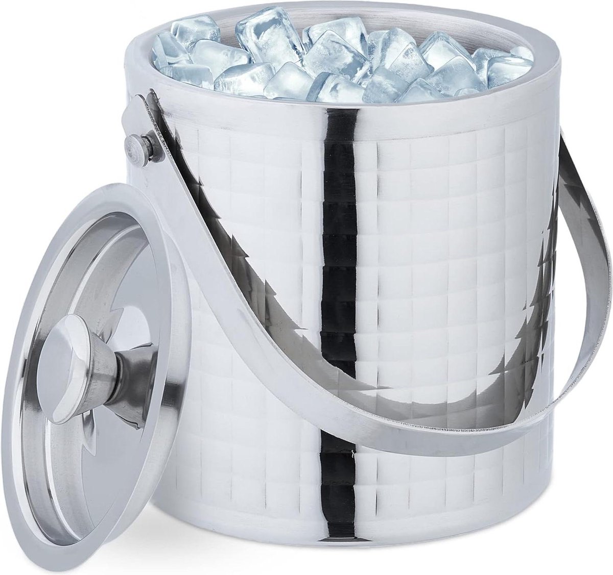 Ijsemmer RVS Dubbelwandig 15 Liter Groot Luxe Metalen Ijsblokjesemmer Zilver met Deksel en Handgreep Ljsemmer