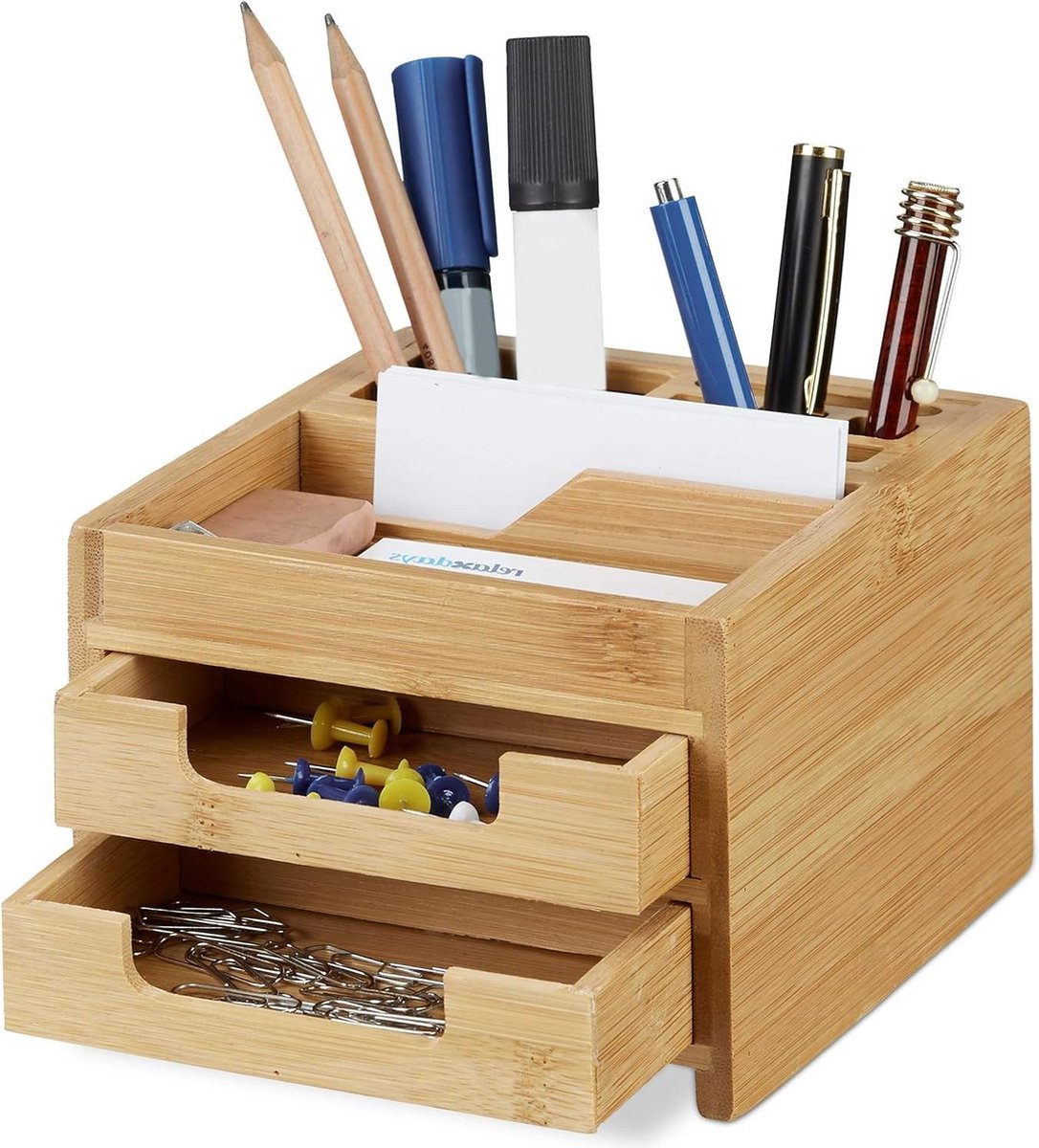 Pennenbakje met lades van bamboe - HBD 95 x 125 x 15 cm - bureau organizer - bureaustandaard - houten bureau accessoire - natuurlijke kleur Bureau organizer