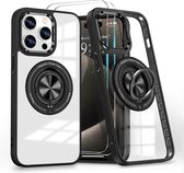 Coque adaptée pour iPhone 15 Pro Max Coque Arara pour Magsafe Coque rigide transparente – Béquille avec Ring rotatif avec 2 protections d'écran – Zwart