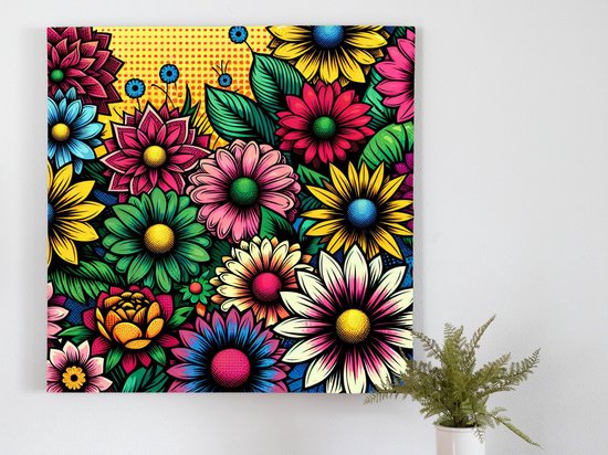 Pop art bloemen schilderij | Blossoming beauty: a vibrant blend of pop art flowers | Kunst - 20x20 centimeter op Canvas | Foto op Canvas