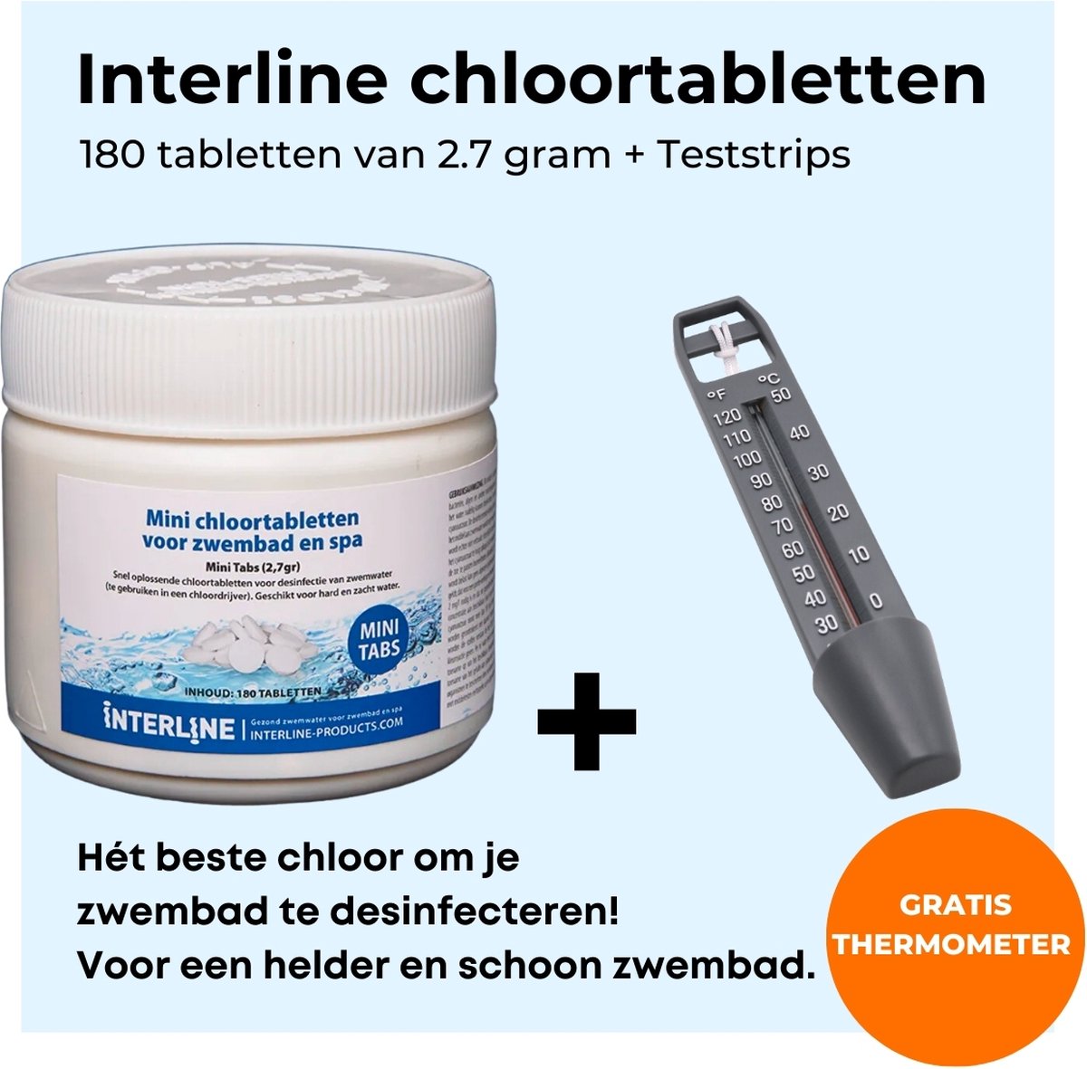Interline Chloortabletten Mini Quick - Chloortabletten Zwembad - Geschikt voor Jacuzzi - Inclusief thermometer & dosseerschema