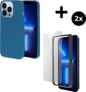 Mobiparts Silicone Cover hoesje geschikt voor Apple iPhone 13 Pro met 2 Screenprotectors van Gehard Glas - Blauw