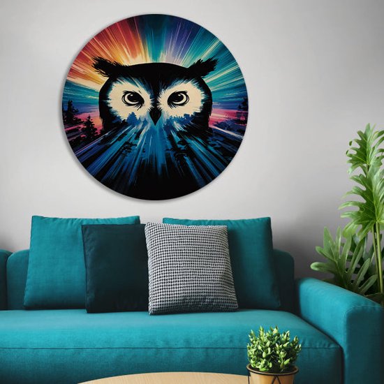 Uil muurcirkel - Dieren schilderij - Wanddecoratie rond Kleuren - Muurdecoratie landelijk - Schilderij rond - Wanddecoratie slaapkamer muurcirkel aluminium 50x50 cm
