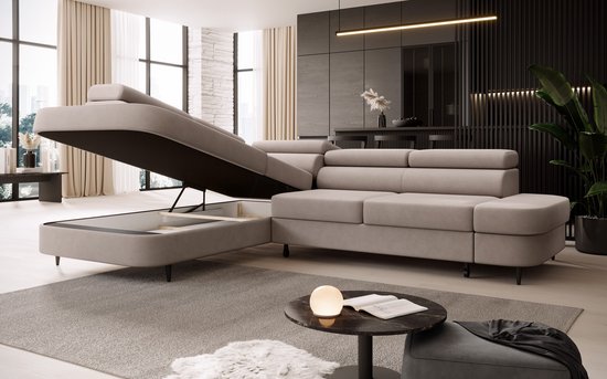 Hoekbank Priamme - Links Hoeksalon - Met bedfunctie en opbergruimte - Matt beige velvet