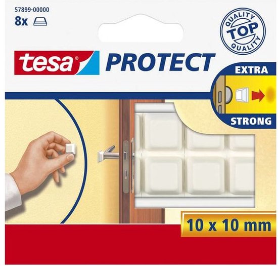 Verpakking Tesa Protect met 8 witte vierkante beschermblokjes van 10x10 mm.