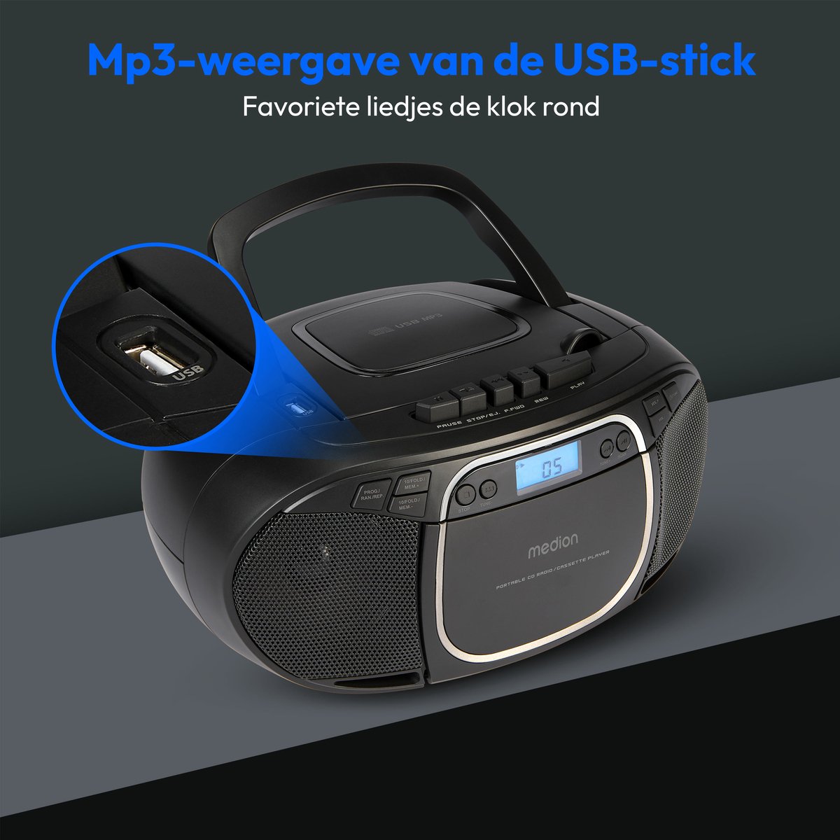 MEDION E66476 Stereo Sound Systeem (Boombox, CD-speler, MP3, cassette, draagbare cassettespeler voor kinderen, FM-radio, AUX, hoofdtelefoon, netstroom & batterij), zwart thumbnail 6