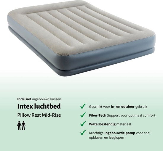 Intex Airbed Set - 2 Personnes - 152 x 203 x 30 cm - Grijs - Avec Pompe Intégrée + Hoeslaken Housse Anthracite + Oreiller + Taies d'oreiller Molton 2 en 1 + Kit de Réparation