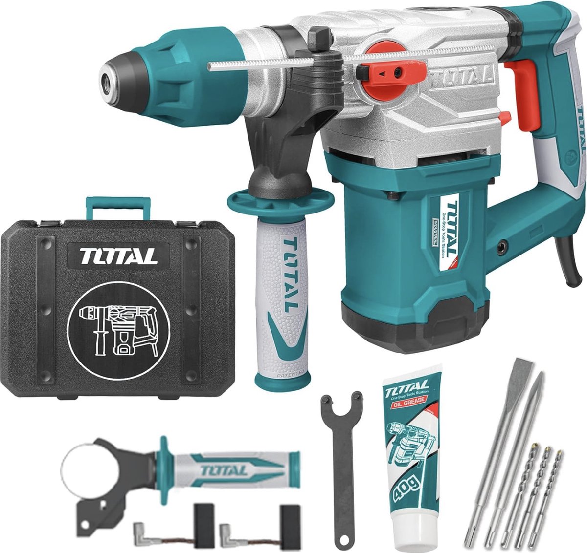 TOTAL TOOLS Combihamer Bekabeld met 1500 W vermogen Boren Slaan en Hakken Snelheid 850 omw min met 3 boren 2 beitels en borstels