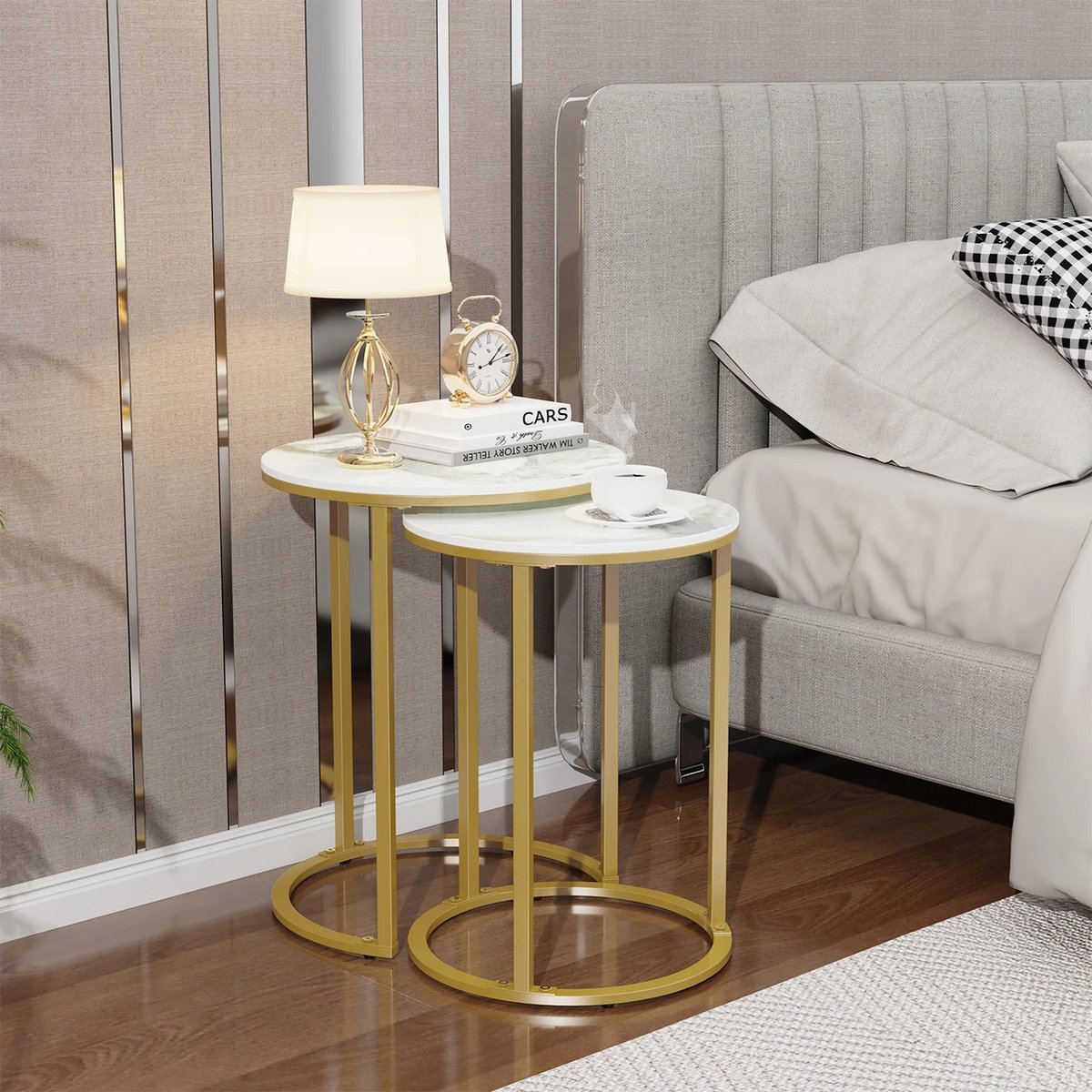 Marmeren salontafel, set van 2, bijzettafel, gouden koffietafelset, wit, woonkamertafels, rond, banktafels, gemakkelijk te monteren, 2 stuks