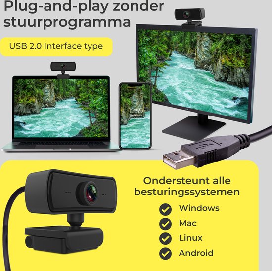 DynaBright Webcam met Ruisvrije Microfoon - Webcam Cover en Tripod - HD Pro Webcam - 4MP - 2560x1440 - Webcam voor PC - Webcam voor Computer
