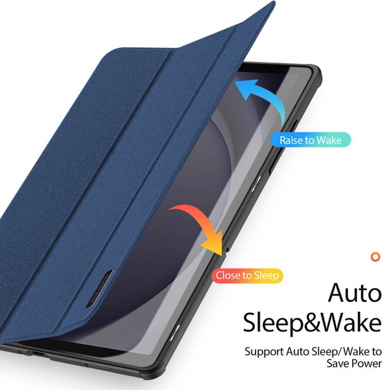 Étui pour tablette bleu avec fonction auto wake/sleep, montre comment l'écran s'allume à l'ouverture.