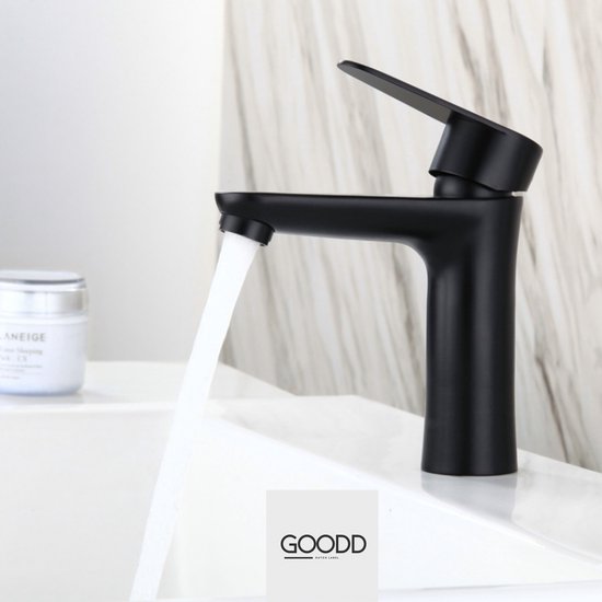 GOODD® Menton - Wastafelkraan - Opbouw - Wastafelkraan zwart - Badkamerkraan - PVD poeder coating - Zware kwaliteit 900 grams - RVS - Antivinger print - Koud en Warm - Keramische schijven - Waterbesparende Perlator
