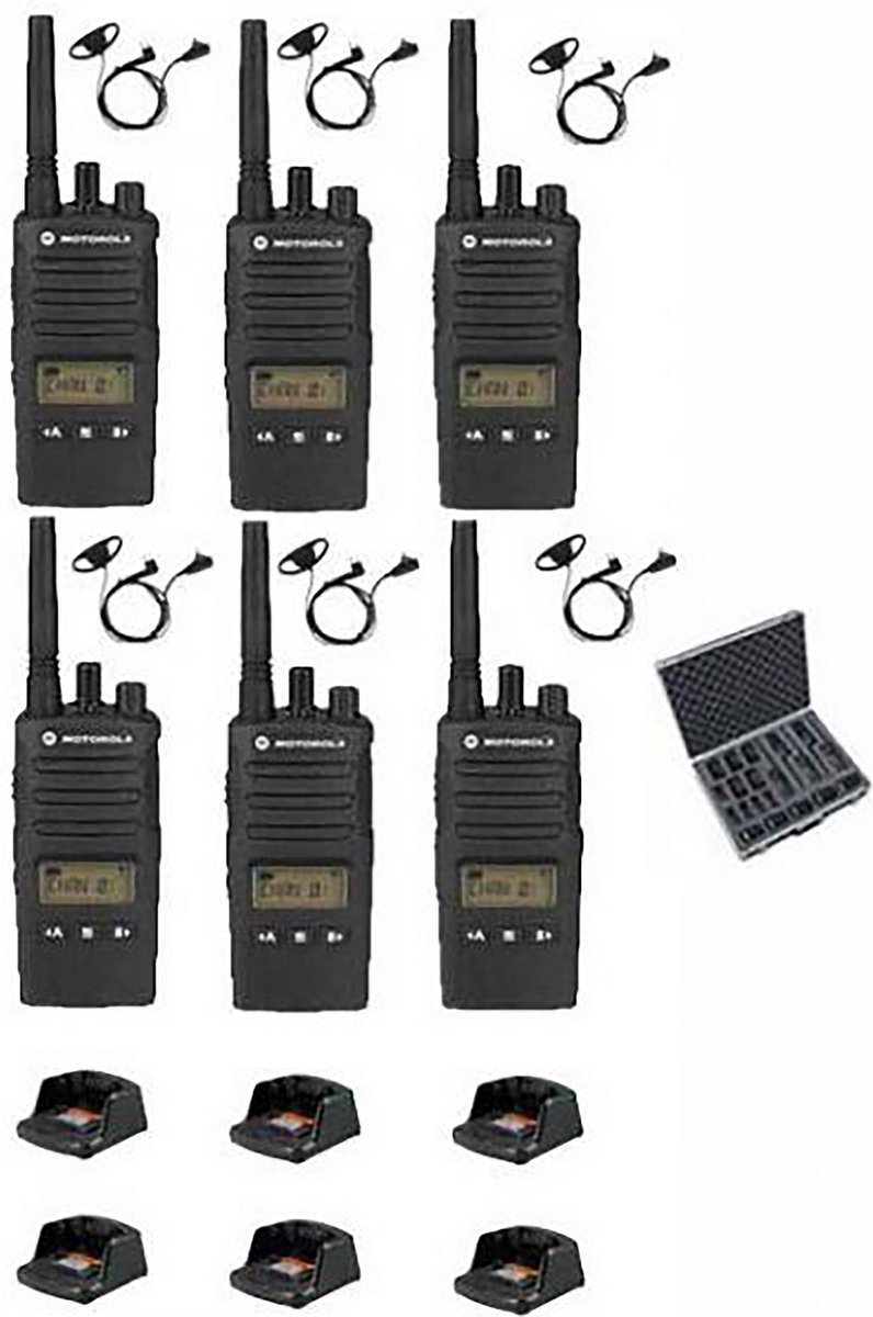 Set van 6 Motorola XT460 IP55 PMR446 met D-shape oortje tafellader koffer