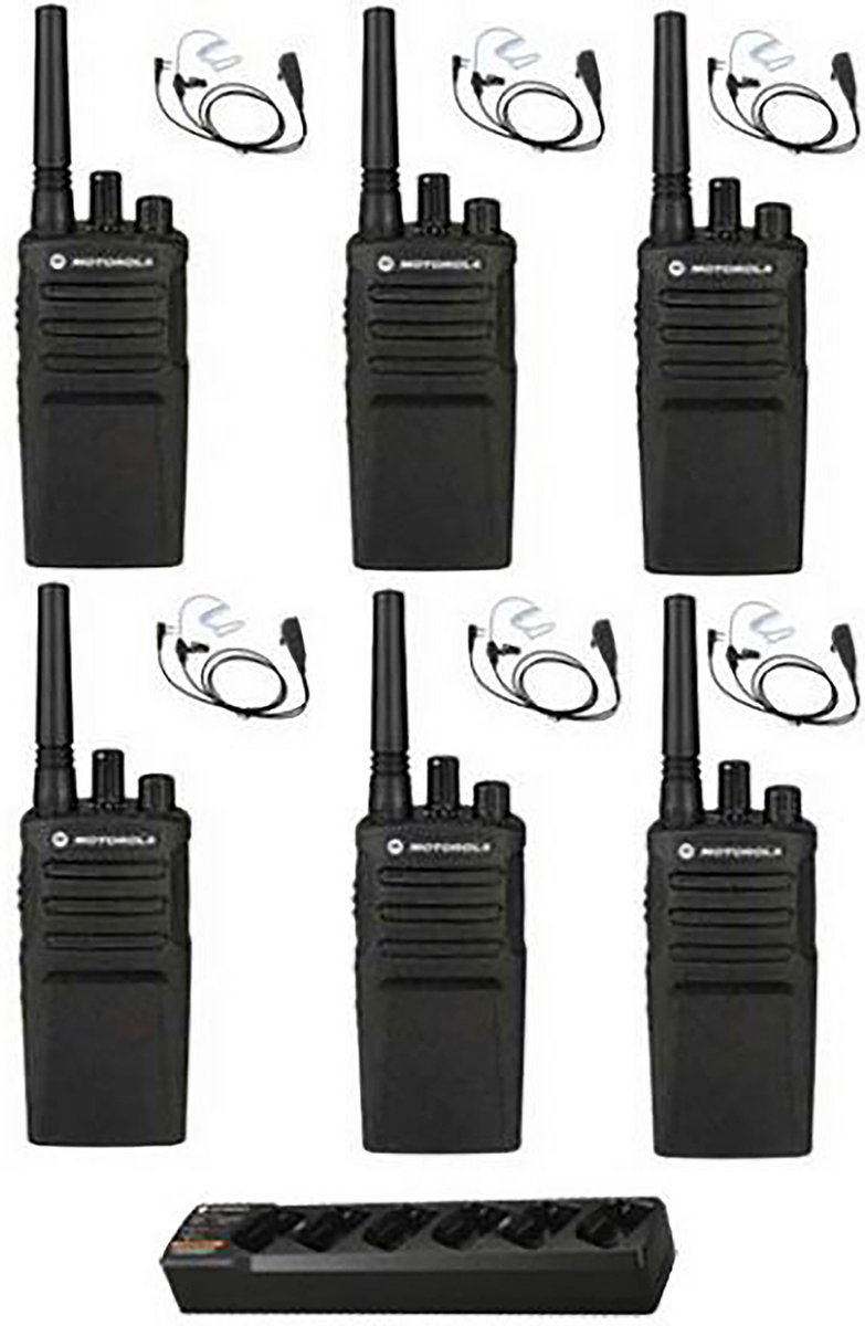 Set van 6 Motorola XT420 UHF IP55 Portofoon met multilader en beveiliging oortjes