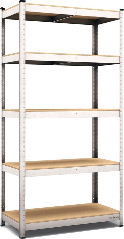 Zilverkleurige stellingkast met 5 bruine planken op witte achtergrond.