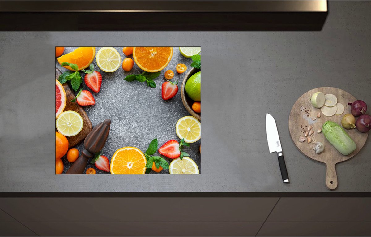 Inductieplaat Beschermer - Cirkel van Verschillende Fruitsoorten - 59x52 cm - 2 mm Dik - Inductie Beschermer - Bescherming Inductiekookplaat - Kookplaat Beschermer van Wit Vinyl