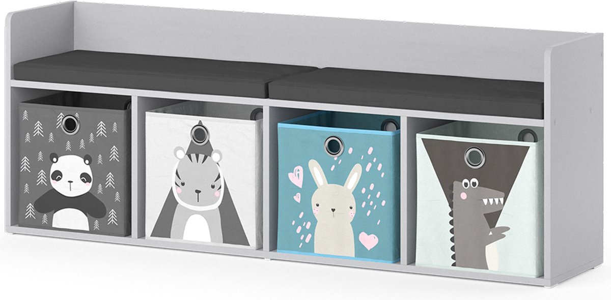Vicco Luigi Kinderboekenkast – 107.2 x 88.6 cm 4 vakken, met vouwboxen grijs Wit
