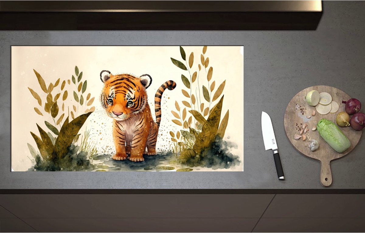 Inductieplaat Beschermer - Cartoon Tekening van Tijger Welpje tussen de Planten - 95x52 cm - 2 mm Dik - Inductie Beschermer - Bescherming Inductiekookplaat - Kookplaat Beschermer van Zwart Vinyl
