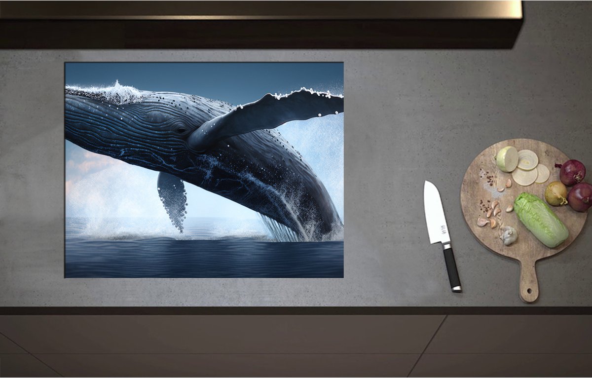 Inductieplaat Beschermer - Bultrug walvis komt boven het zeewater uit met veel spetters om hem heen - 71x55 cm - 2 mm Dik - Inductie Beschermer - Bescherming Inductiekookplaat - Kookplaat Beschermer van Zwart Vinyl