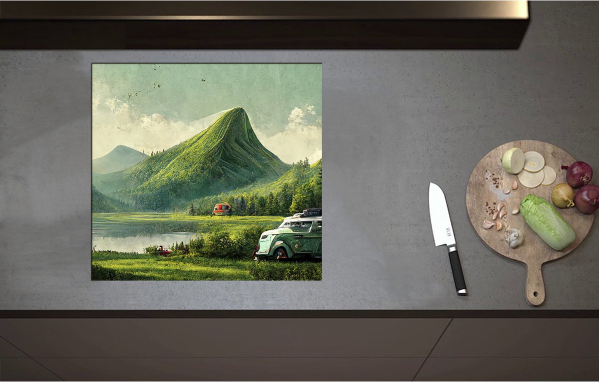 Inductieplaat Beschermer - Bus in Groen Landschap - 58x55 cm - 2 mm Dik - Inductie Beschermer - Bescherming Inductiekookplaat - Kookplaat Beschermer van Wit Vinyl