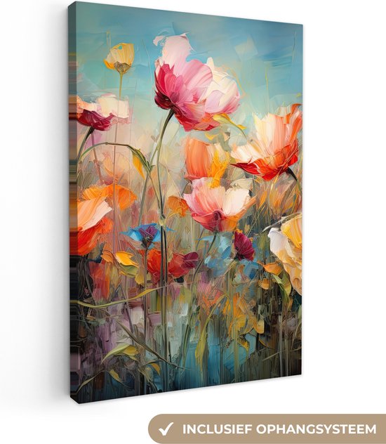 Canvas schilderij met bloemen en de tekst 'INCLUSIEF OPHANGSYSTEEM'.