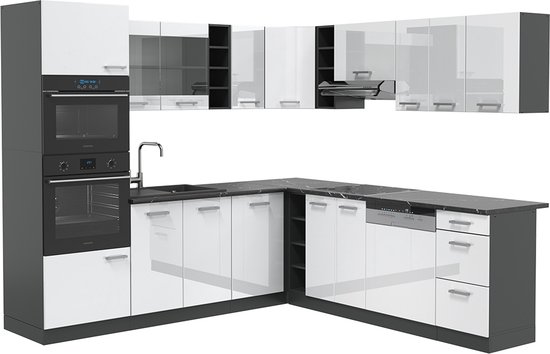 Vicco Cuisine d'angle R- Line, Wit brillant/anthracite/Anthracite, 237 x 60 cm sans plan de travail