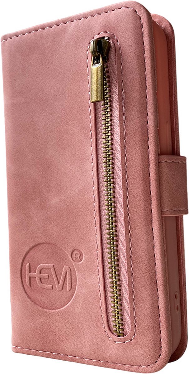 HEM Silky Rose Hoesje Geschikt Voor iPhone 14 En 15 – Luxe Bookcase Met Rits En Pasjeshouder – Roze Telefoonhoesje