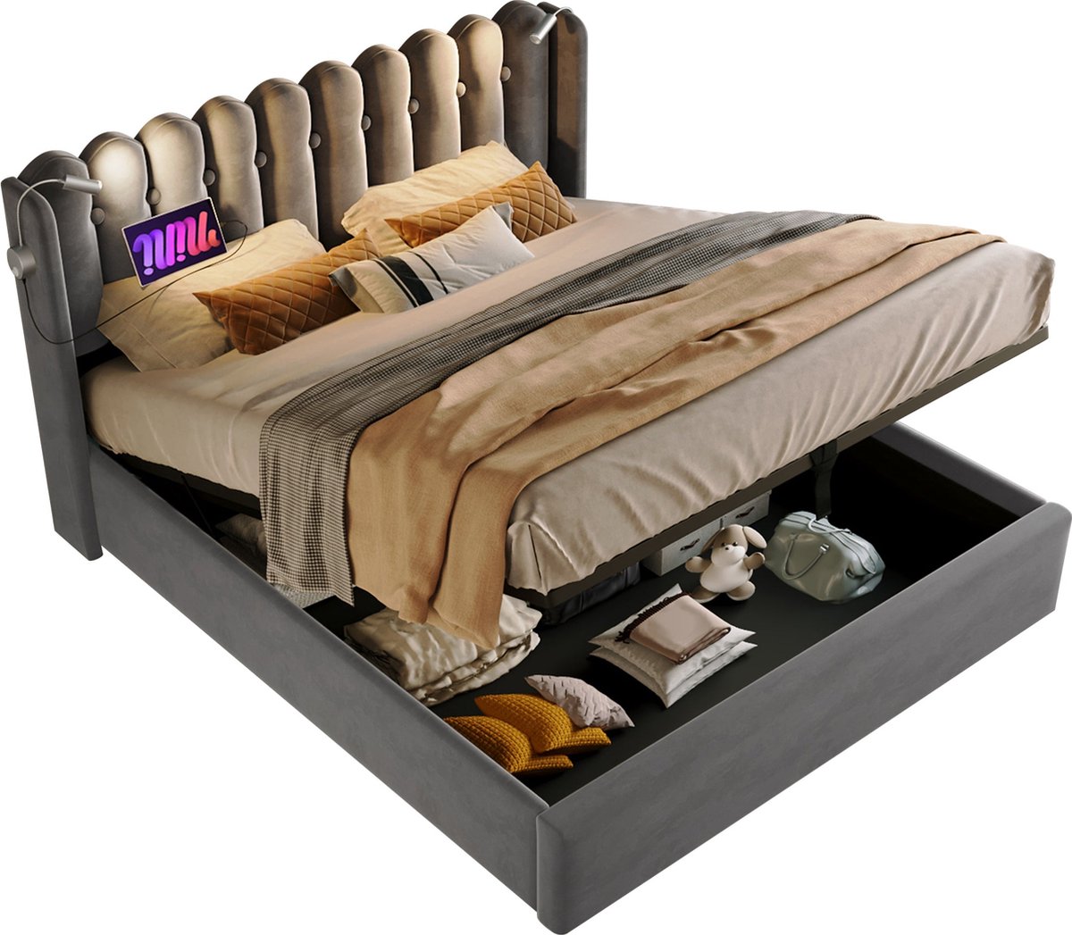 Merax Velvet Gestoffeerd Tweepersoonsbed met Leeslamp en USB Aansluitingen - Bed met Hydra