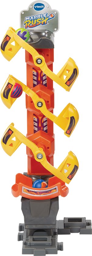 Orange VTech knikkerbaan met draaiende schijven, VTech Marble Rush logo.