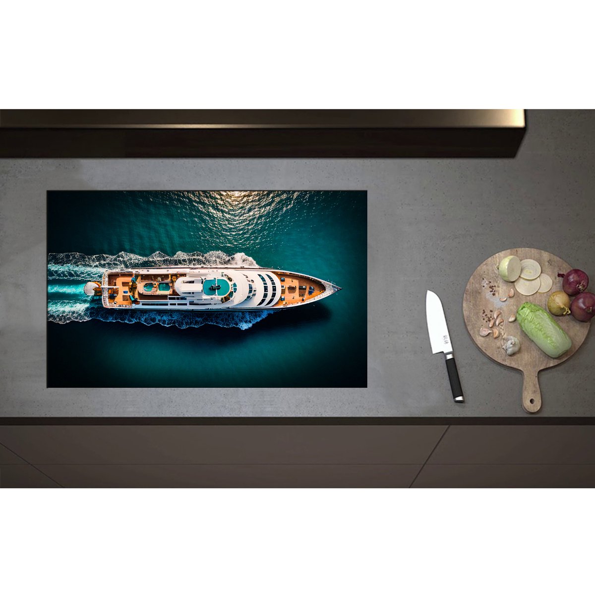 Inductieplaat Beschermer - Bovenaanzicht van Varend Cruiseschip - 80x50 cm - 2 mm Dik - Inductie Beschermer - Bescherming Inductiekookplaat - Kookplaat Beschermer van Wit Vinyl