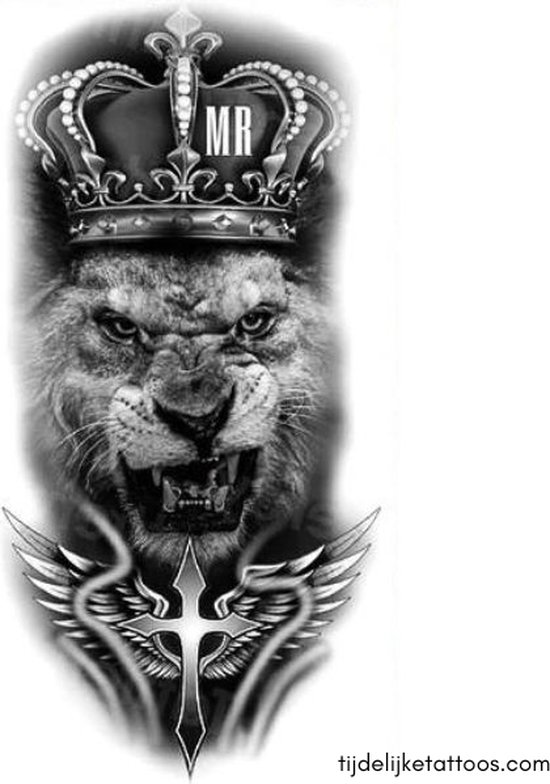King Lion tattoo sleeve - Koning Leeuw tatoeage - neptattoo volwassenen - tijdelijke tattoo - plak tattoos
