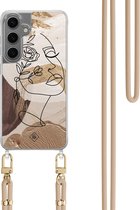 Casimoda® coque avec cordon - Convient pour Samsung S24 - Visage abstrait Marron - Cordon amovible - TPU/polycarbonate - Marron/beige