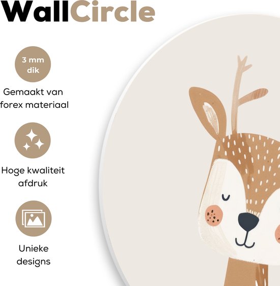 WallCircle® Wandcirkel 60x60 cm - Muurcirkel Hert - Bosdieren - Beige - Kinderkamer - Babykamer - Kinderen - Muurdecoratie woonkamer - Wanddecoratie slaapkamer - Kamer decoratie accessoires - Ronde schilderijen - Woonaccessoires