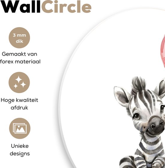 WallCircle® Wandcirkel 30x30 cm - Muurcirkel Zebra - Baby - Dieren - Roze ballon - Muurdecoratie babykamer - Wanddecoratie kinderkamer - Kamer decoratie voor jongens en meisjes - Baby accessoires - Ronde schilderijen
