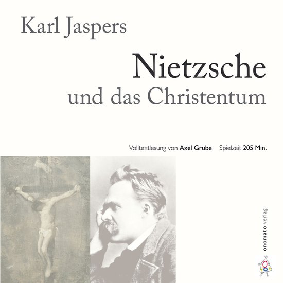 Boek 'Nietzsche und das Christentum' van Karl Jaspers met een afbeelding van een kruisiging en een portret van Nietzsche.