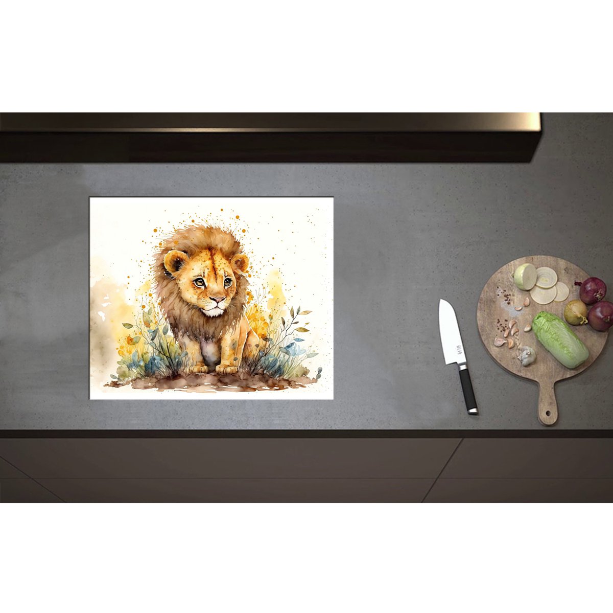 Inductieplaat Beschermer - Cartoon Tekening van Leeuwtje tussen de Planten - 60x50 cm - 2 mm Dik - Inductie Beschermer - Bescherming Inductiekookplaat - Kookplaat Beschermer van Zwart Vinyl