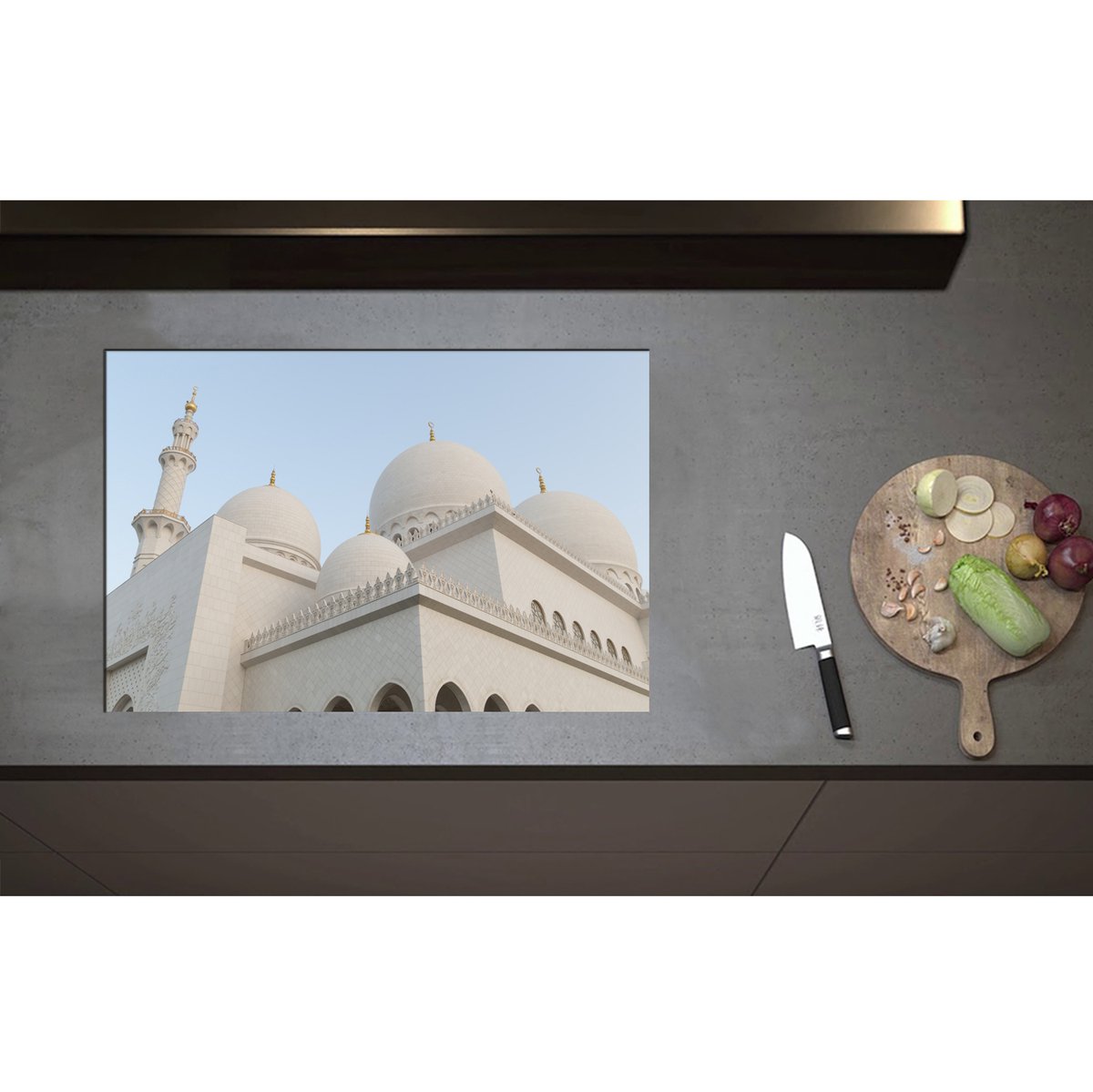 Inductieplaat Beschermer - Bovenkant van Witte Sjeik Zayed Moskee, Abu Dhabi, Verenigde Arabische Emiraten - 75x50 cm - 2 mm Dik - Inductie Beschermer - Bescherming Inductiekookplaat - Kookplaat Beschermer van Wit Vinyl
