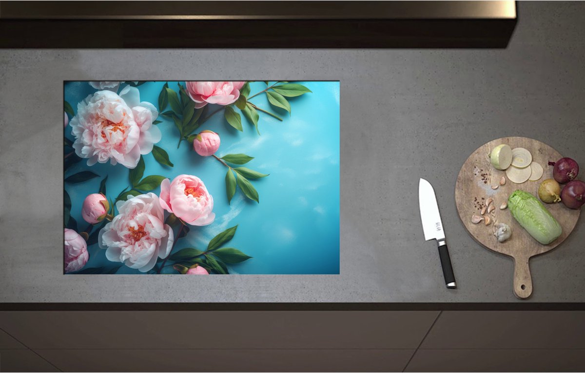 Inductieplaat Beschermer - Chinese Pioen Bloemen op Blauwe Achtergrond - 71x50 cm - 2 mm Dik - Inductie Beschermer - Bescherming Inductiekookplaat - Kookplaat Beschermer van Wit Vinyl