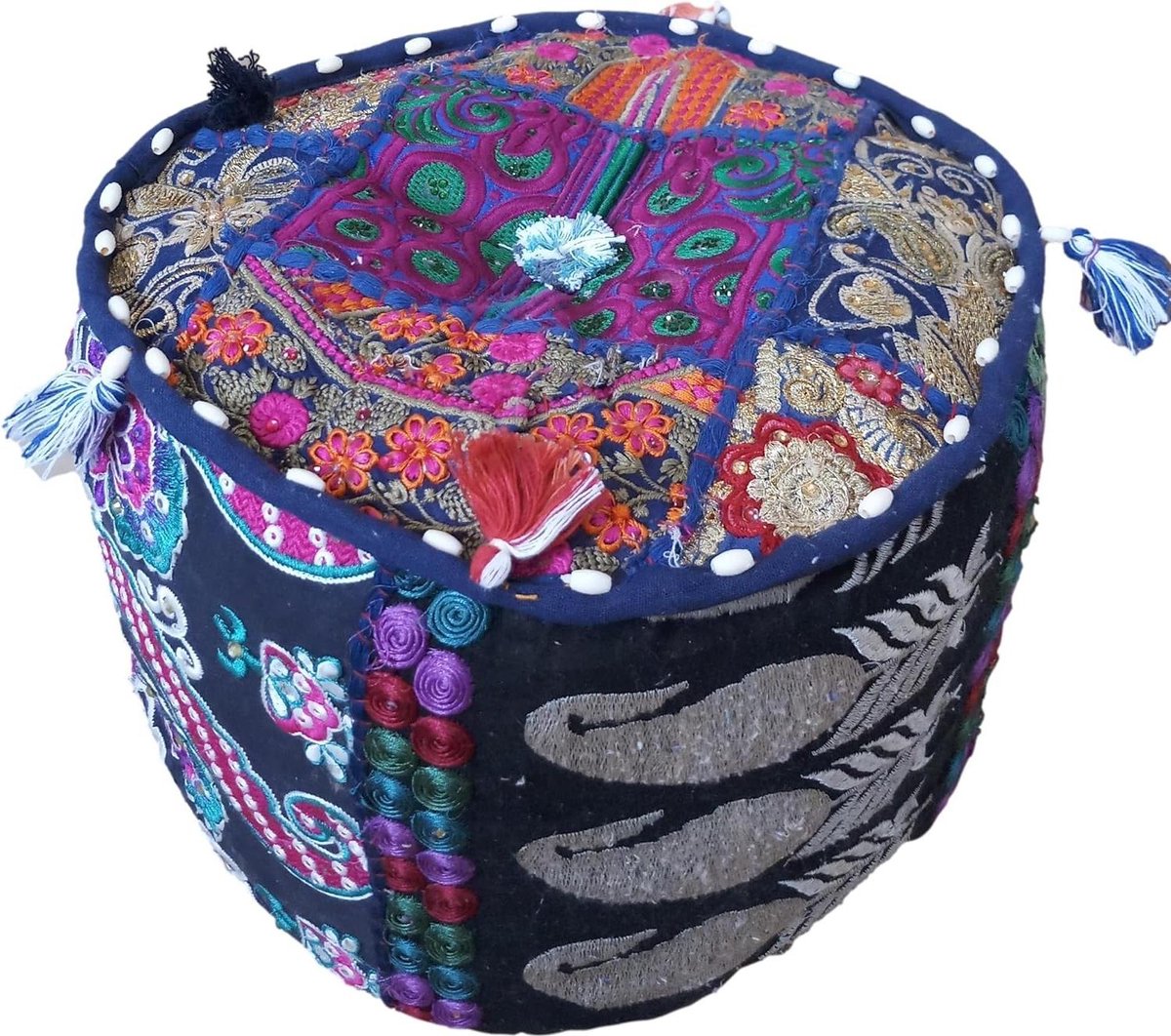 Indiase Boheemse Stijl Ottomaanse Poef - Interieurdecoratie Voetbank Vloerkussen Patchwork Stoel - Donkerblauw