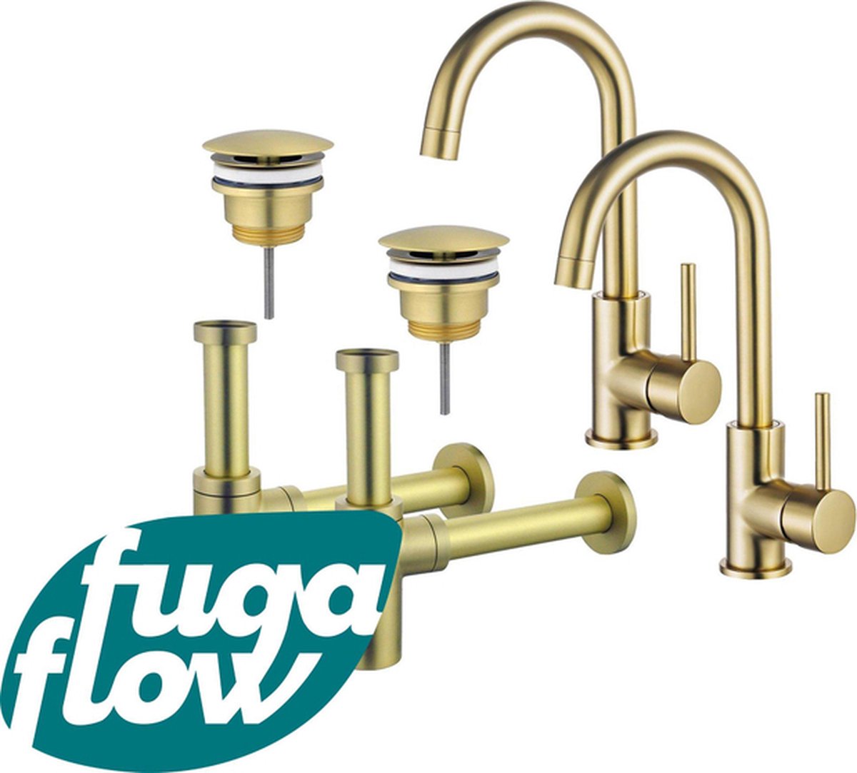 FugaFlow Eccelente Sobrado Badkamer Wastafelkraanset voor dubbele wastafel hoge wastafelkraan draaibare uitloop always open plug design sifon PVD Geborsteld Messing