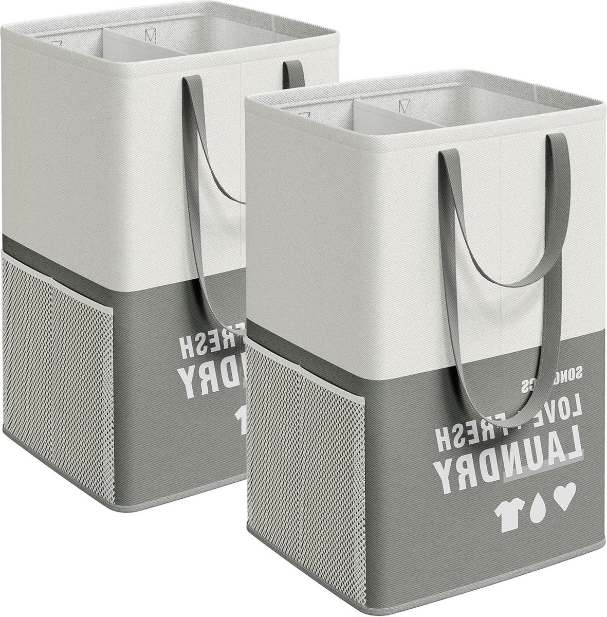 Goedkoopste Grote wasmand 90 liter - 2 vakken - opvouwbaar - dubbele handgreep - bijkeuken slaapkamer badkamer - donkergrijs - LCB209G22 - 2 stuks