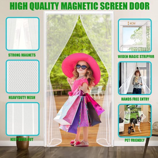 WENT Magnetisch Vliegengaas 90x240 cm, Muggennet Hordeur voor Balkondeur, Kelderdeur, Terrasdeur, Automatisch Sluitend, Boren is Niet Nodig, Wit