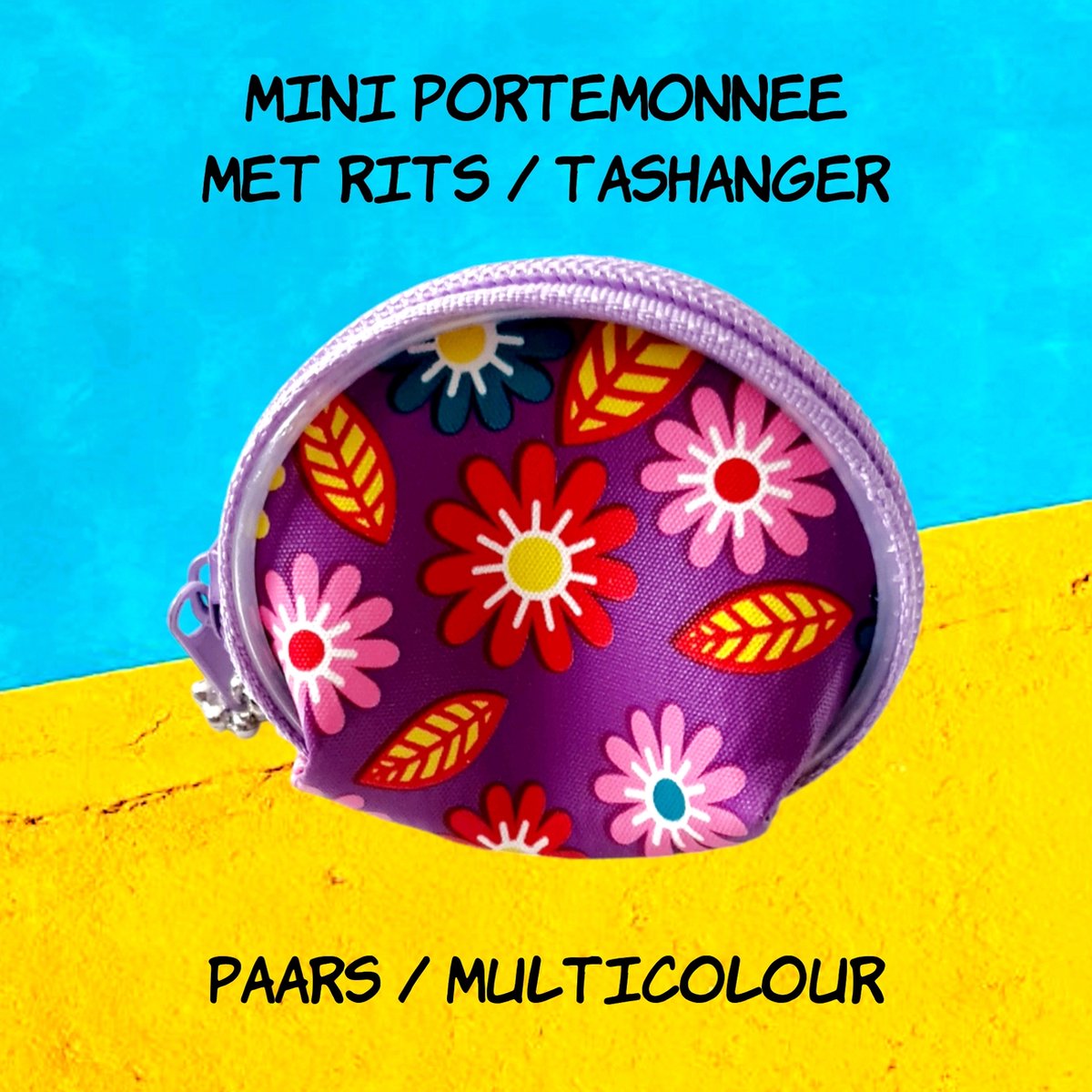 Going Retro® - Ronde mini muntgeld portemonnee / earplug opbergtasje - bloemen - basis paars / multicolour madeliefje daisy - 4,5 cm - Sleutelhanger Tashanger - kinderen jeugd volwassenen - meisjes dames - casual feest verjaardag