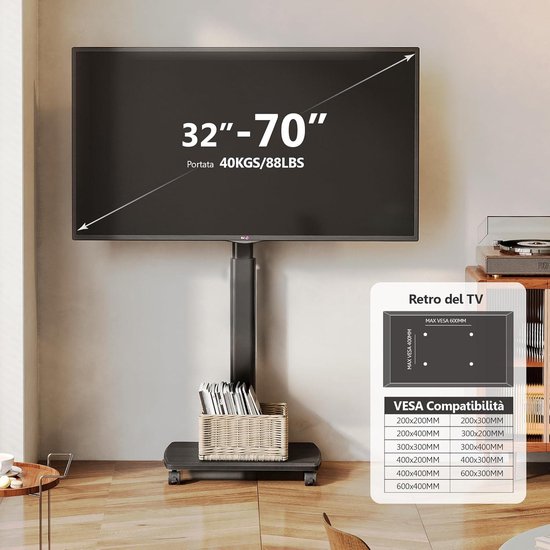 Verrijdbare TV Standaard met Beugel en Stopcontact – In Hoogte Verstelbaar TV Meubel met Lade, Geschikt voor 32–75 Inch TV's, Zwart Industrieel Ontwerp