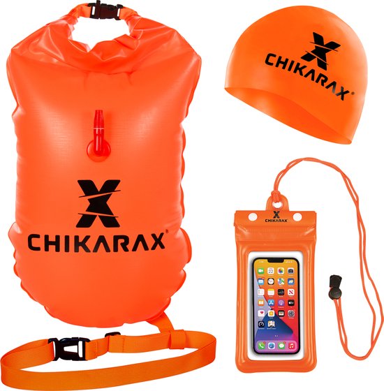 Foto: Chikarax zwemboei set voor openwaterzwemmen zwem boei met drybag 28 liter waterdichte telefoonhoes drijvende telefoonhoes swim cap badmuts hattori 1 0 neon oranje