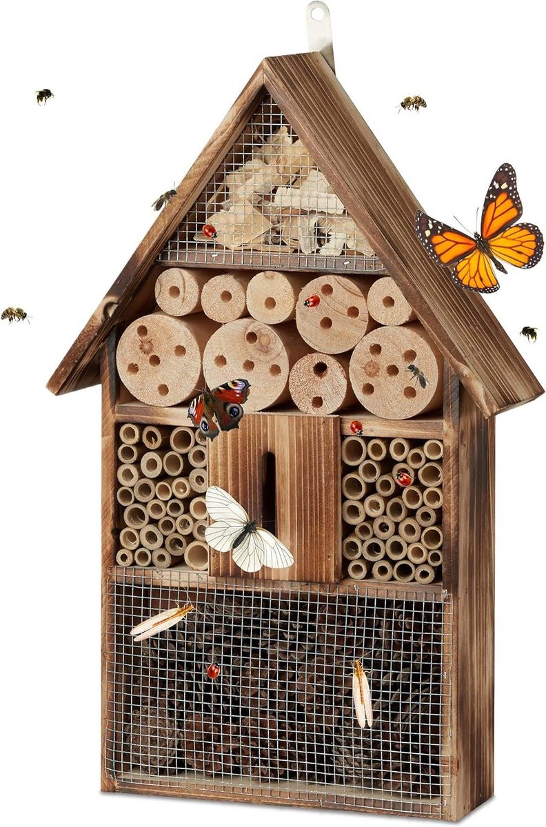 Hangend insectenhotel 50 cm hoog gevlamd hout voor kinderen in de tuin bijenhotel vlinderhuis met natuurlijke uitstraling