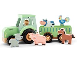 foto van New Classic Toys - Houten Tractor met Aanhanger met 5 Dieren - Groen - Speelgoedvoertuig