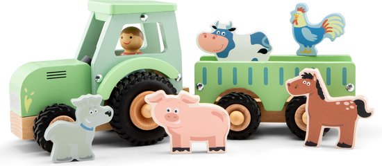 Groene houten tractor met aanhanger, boer, haan, koe, hond, paard en varken.