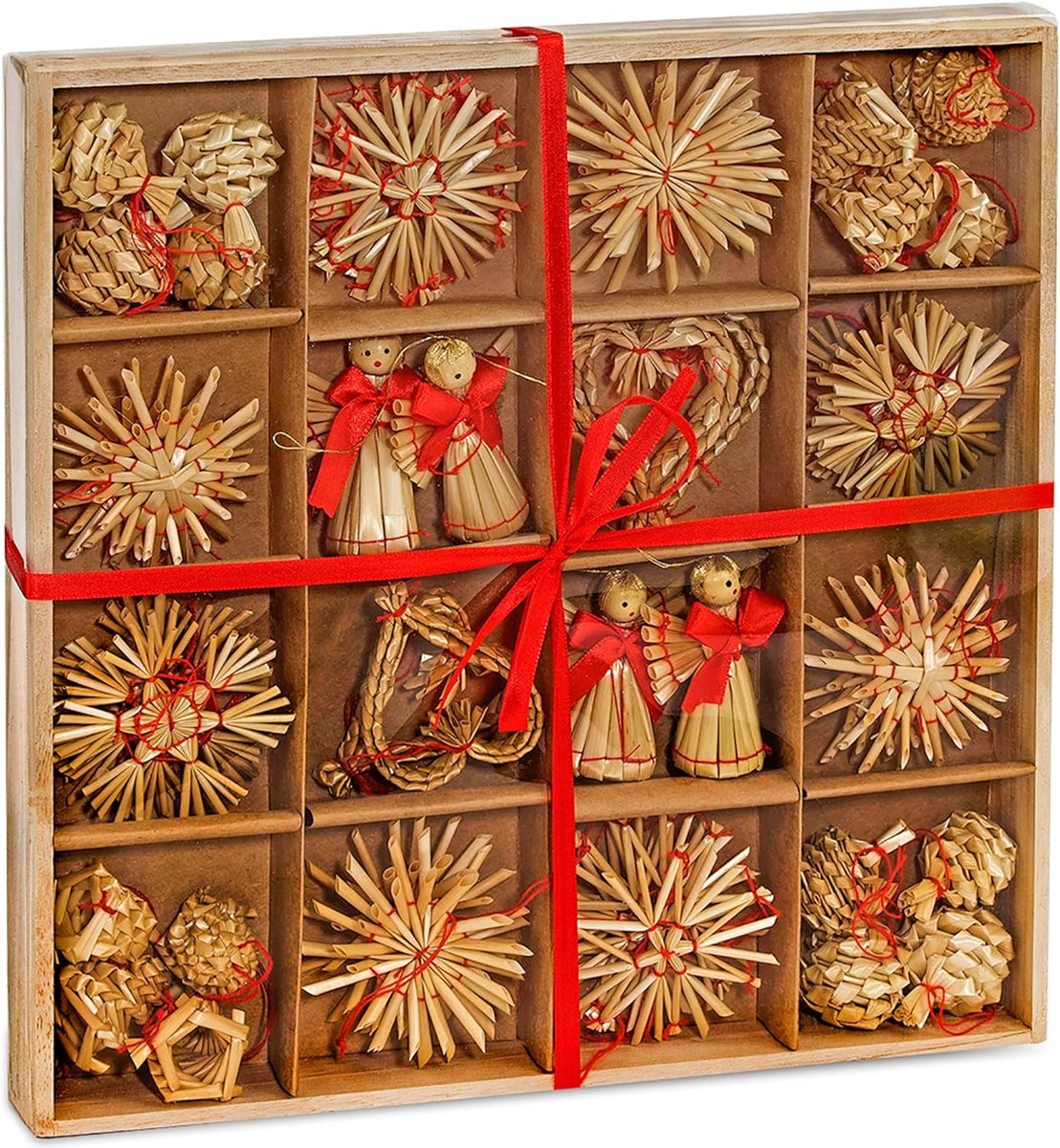 BRUBAKER kerstboomversieringen van stro, 48-delige set - tot 6,5 cm grote sterren, harten, engel